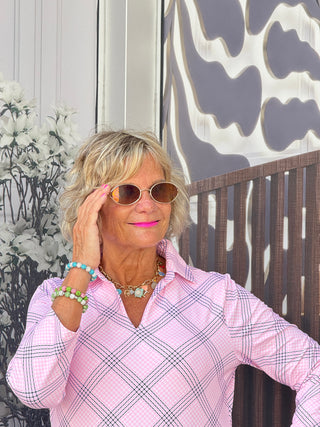 LULU B PINK CHIC 3/4 SLEEVE V-NECK COLLAR SHIRT