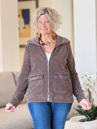 Women's Portrait Collar Velveteen Zip Front Jacket COCOA Cathys Place