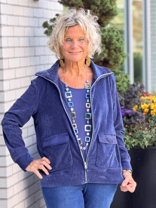 Women's Portrait Collar Velveteen Zip Front Jacket NAVY Cathys Place