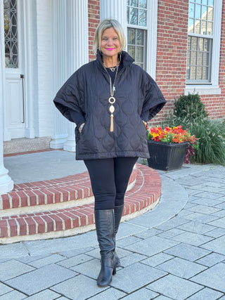 Quilted Short Sleeves Puffer Pullover Poncho Black