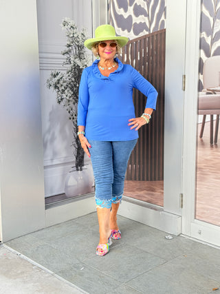 BLUE 3/25 SLEEVE RUFFLE TOP