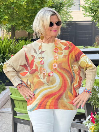 Cream Fall Leaves Round Neck Knit Printed Sweater