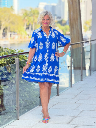 Geometric Collar Button Front Short Puff Sleeve Mini Dress 1 the Woman
