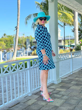 BLUE MEDALLION SLEEVE RUFFLE NECK DRESS