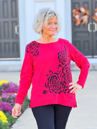 Women's Floral Placement Eyelash Sweater RED Cathys Place