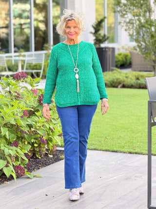 Women's Luster Chenille V-Neck Cable Sweater EMERALD Cathys Place