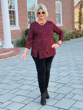 Women's Floral Flocked Texture Lace Trim Top BLACK Cathys Place