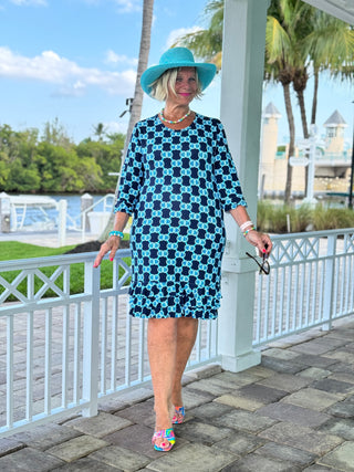 BLUE MEDALLION RUFFLE SLEEVE DRESS