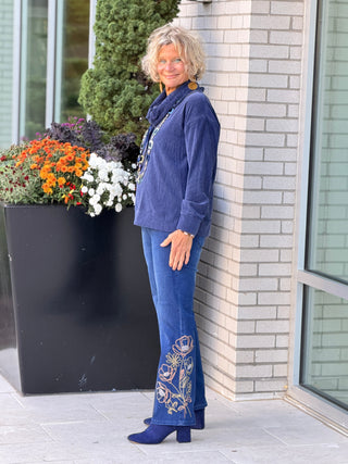 Women's Satin Drawstring Cowl Neck Velveteen Top NAVY Cathys Place
