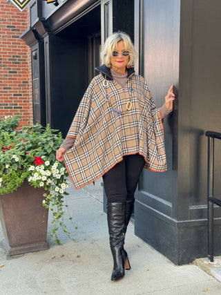 Flannel Plaid Zip Front Poncho BEIGE AND BLACK