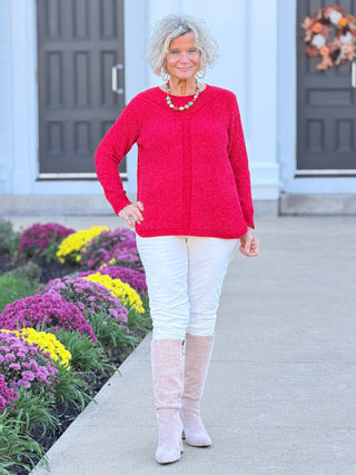 Women's Luster Chenille V-Neck Cable Sweater RED Cathys Place