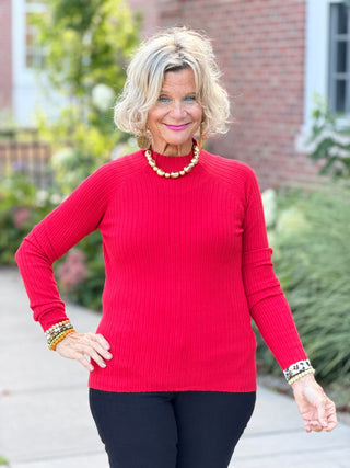 Ribbed Knit Mock Neck Sweater RED CHARLIE B