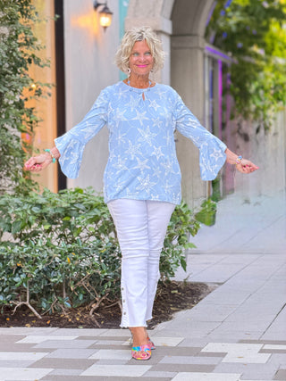 Women's Waterfall Blue Starfish Puff Print Flutter Sleeve Top Cathys Place