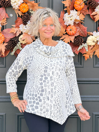 Women's Split Cowl Neck Animal Jacquard Chenille Top IVORY Cathys Place