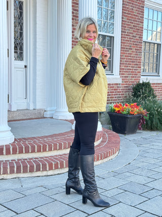 Quilted Short Sleeves Puffer Pullover Poncho Mustard