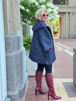 Oversize Quilted Puffer Hood Cape Poncho  NAVY