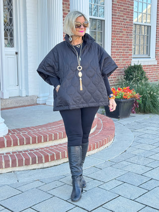 Quilted Short Sleeves Puffer Pullover Poncho Black