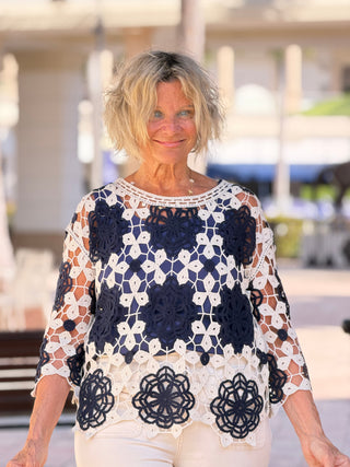 Cotton Crochet Flower Top- MARINE NAVY CHARLIE B