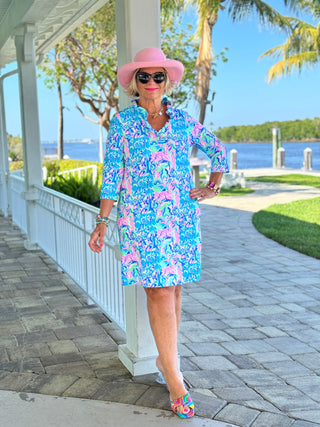 SPLASH OF PINK RUFFLE NECK DRESS