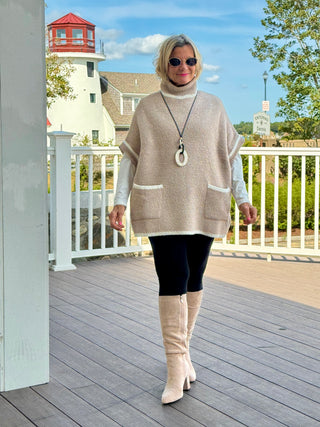 Colored Edge Solid Sleeveless Pocket Sweater Beige