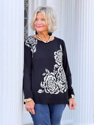 Women's Floral Placement Eyelash Sweater BLACK Cathys Place