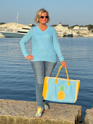 EMBROIDERED PINEAPPLE PATCH FRINGE TOTE BAG.