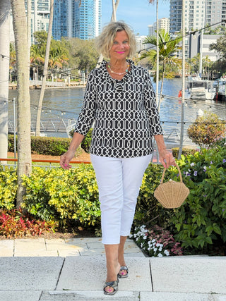 LULU B MIDNIGHT TRELLIS RUFFLE SLEEVE TOP LULU-B