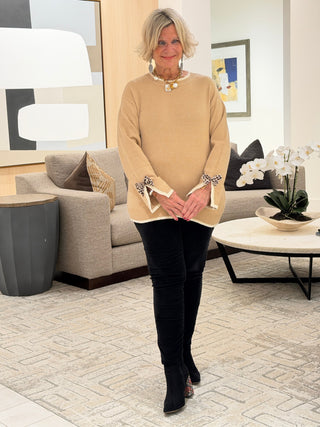 Leopard Camel Bow Decor Split Cuff Contrast Trim Sweater Cathys Place