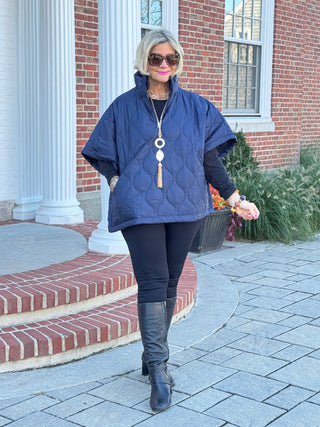 Quilted Short Sleeves Puffer Pullover Poncho Navy