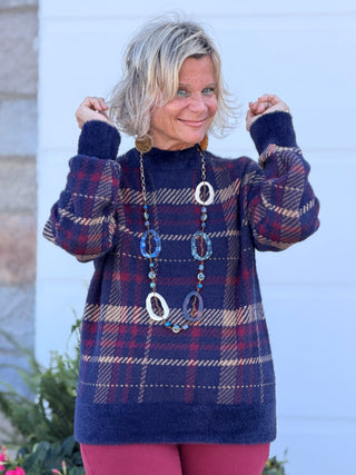 Plaid Eyelash Mock Neck Sweater CHARLIE B