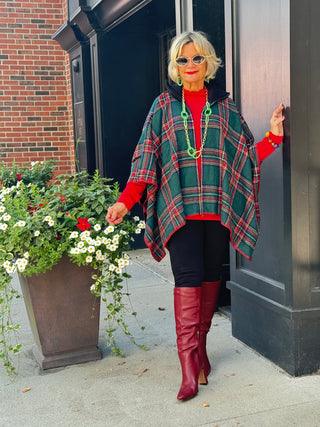 Flannel Plaid Zip Front Poncho GREEN AND RED