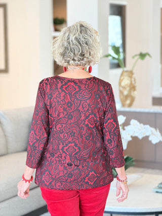 Women's Floral Flocked Texture Lace Trim Top Red Cathys Place