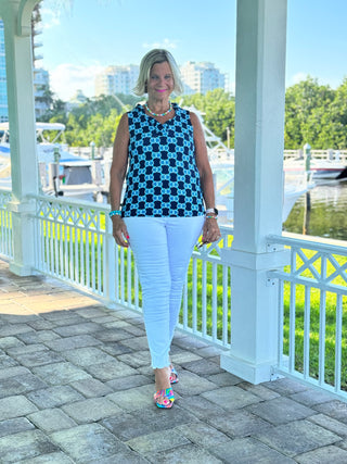 BLUE MEDALLION SLEEVELESS RUFFLE TOP