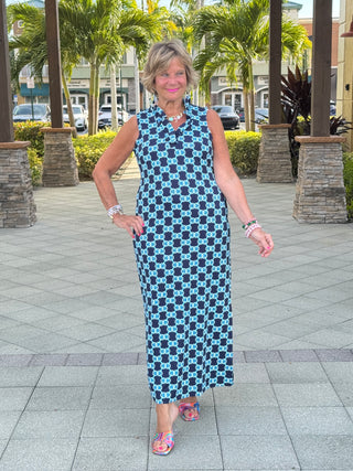 BLUE MEDALLION RUFFLE MAXI