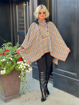 Flannel Plaid Zip Front Poncho BEIGE AND BLACK