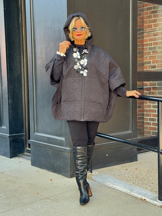 Oversize Quilted Puffer Hood Cape Poncho BLACK