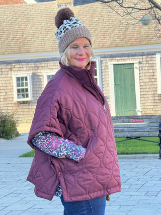 Quilted Short Sleeves Puffer Pullover Poncho Burgundy Cathys Place