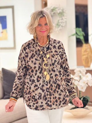 Women's Cozy Leopard Cowl Neck Top TAN Cathys Place