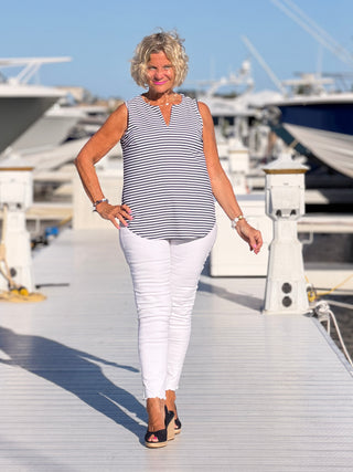 NAUTICAL NAVY NOTCH SLEEVELESS TOP LULU-B