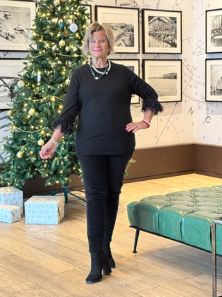 LULU-B BLACK SCOOP NECK FRINGE FANCY SWEATER