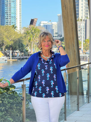 LULU B MIDNIGHT REEF SLEEVELESS RUFFLE TOP