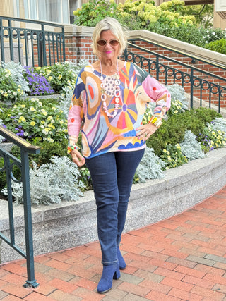 Multicolor Abstract  Round Knit Printed Sweater