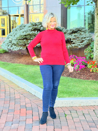 Ribbed Knit Mock Neck Sweater RED CHARLIE B