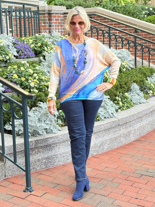 Blue Wavy Round Neck Knit Printed Sweater