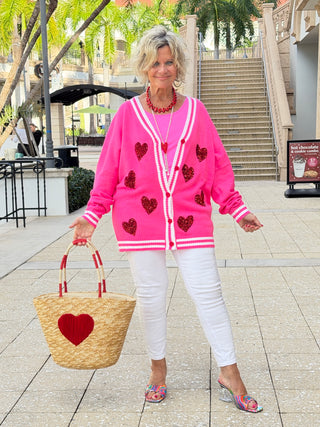 Sequin Patch Happy Hearts Relaxed Cardigan - Cathys Place