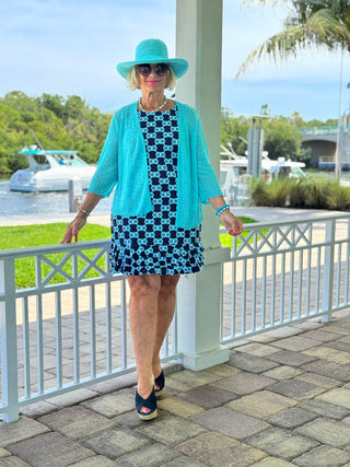 LULU B NAVY MEDALLION SHIFT RUFFLE DRESS
