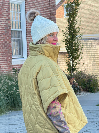 Quilted Short Sleeves Puffer Pullover Poncho Mustard Cathys Place