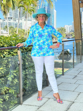 LULU B STARFISH SPLASH 3/4 SLEEVE V-NECK COLLAR SHIRT
