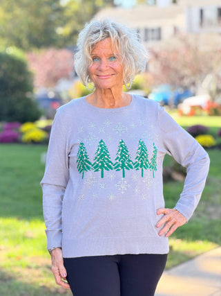 Women's Jacquard Trees Crystal Embellished Sweater Cathys Place