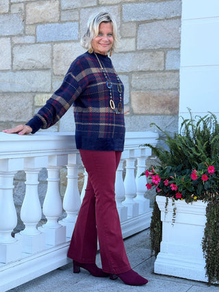 Plaid Eyelash Mock Neck Sweater CHARLIE B